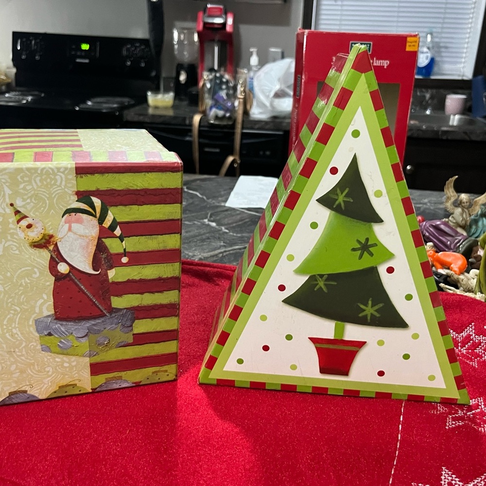 Set of two Festive Holiday Home Decor Boxes! Christmas Tree and Santa Claus